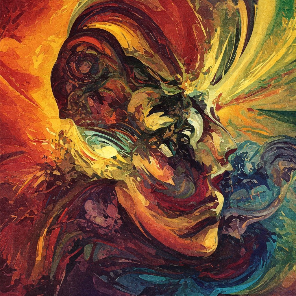 Abstract digital artwork featuring a surreal human profile blending into swirling, vivid colors — representing psychological depth, emotional intensity, and mental transformation.
