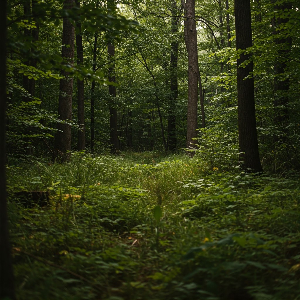 A tranquil forest path surrounded by dense greenery, including tall trees and underbrush, capturing a serene, natural atmosphere.